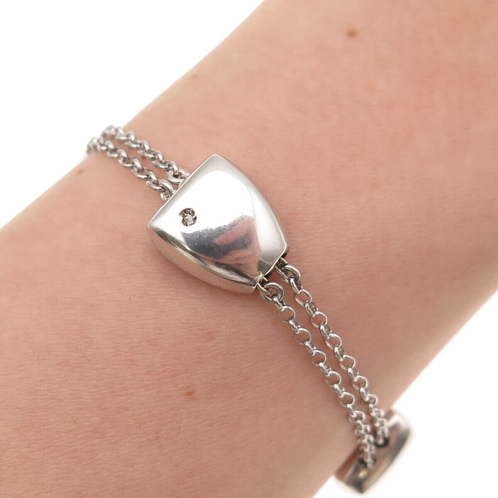 925 Sterling Silver Real Round-Cut Diamond Station 2-Row Cable Link Bracelet 7"